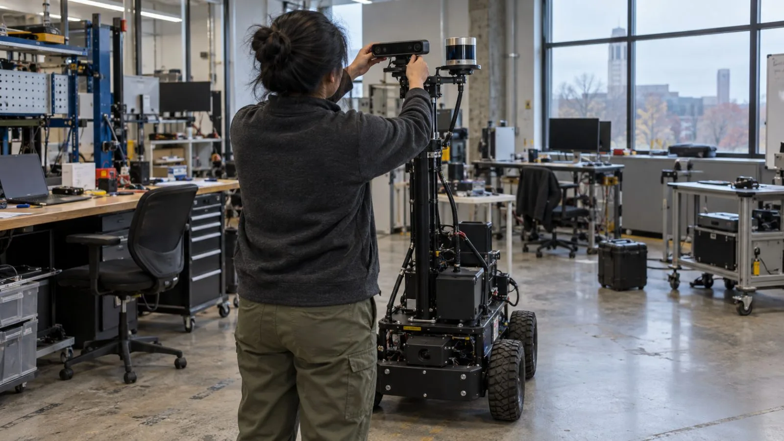 A technician adjusts a camera on a mobile robot in a laboratory in Ann Arbor, Michigan (AI-generated image / EconoTimes)