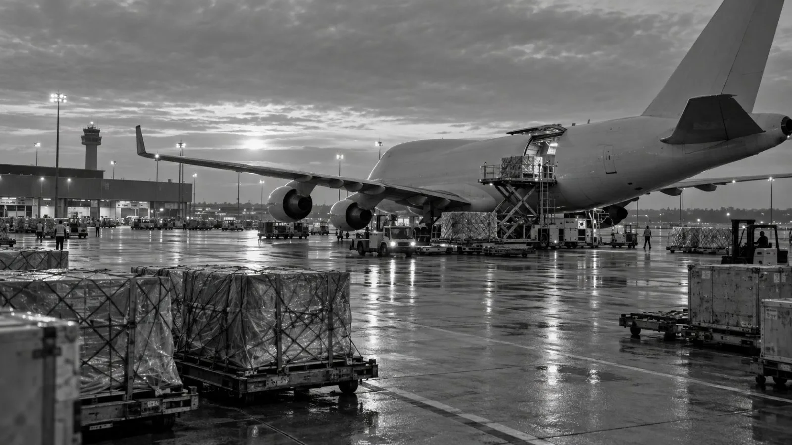 Cargo containers stand beside a freight aircraft at Leipzig/Halle Airport near Leipzig, Germany. (AI-generated image / EconoTimes)