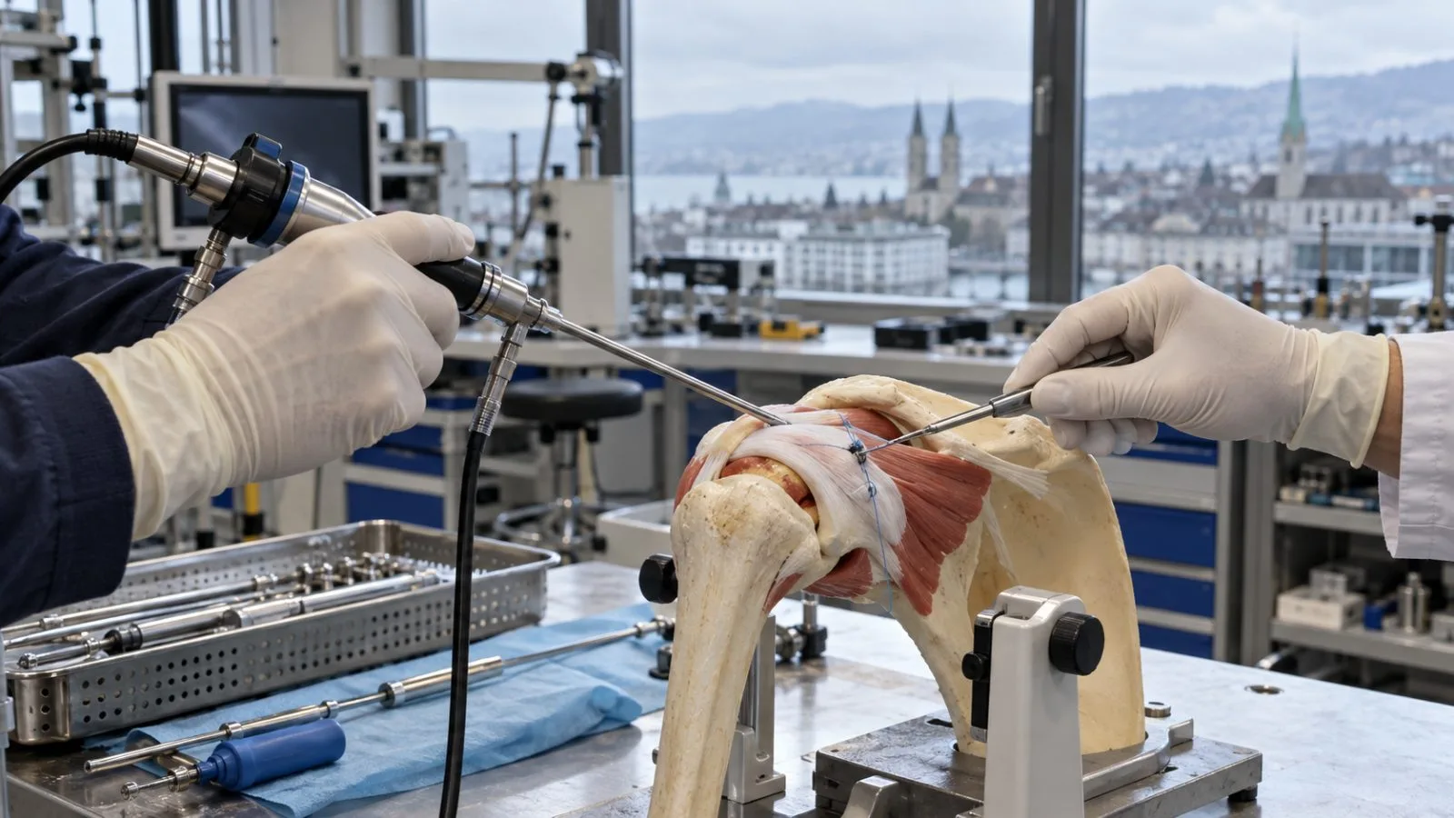 Gloved hands demonstrate a shoulder repair instrument on a tendon model in Zurich. / EconoTimes.ai