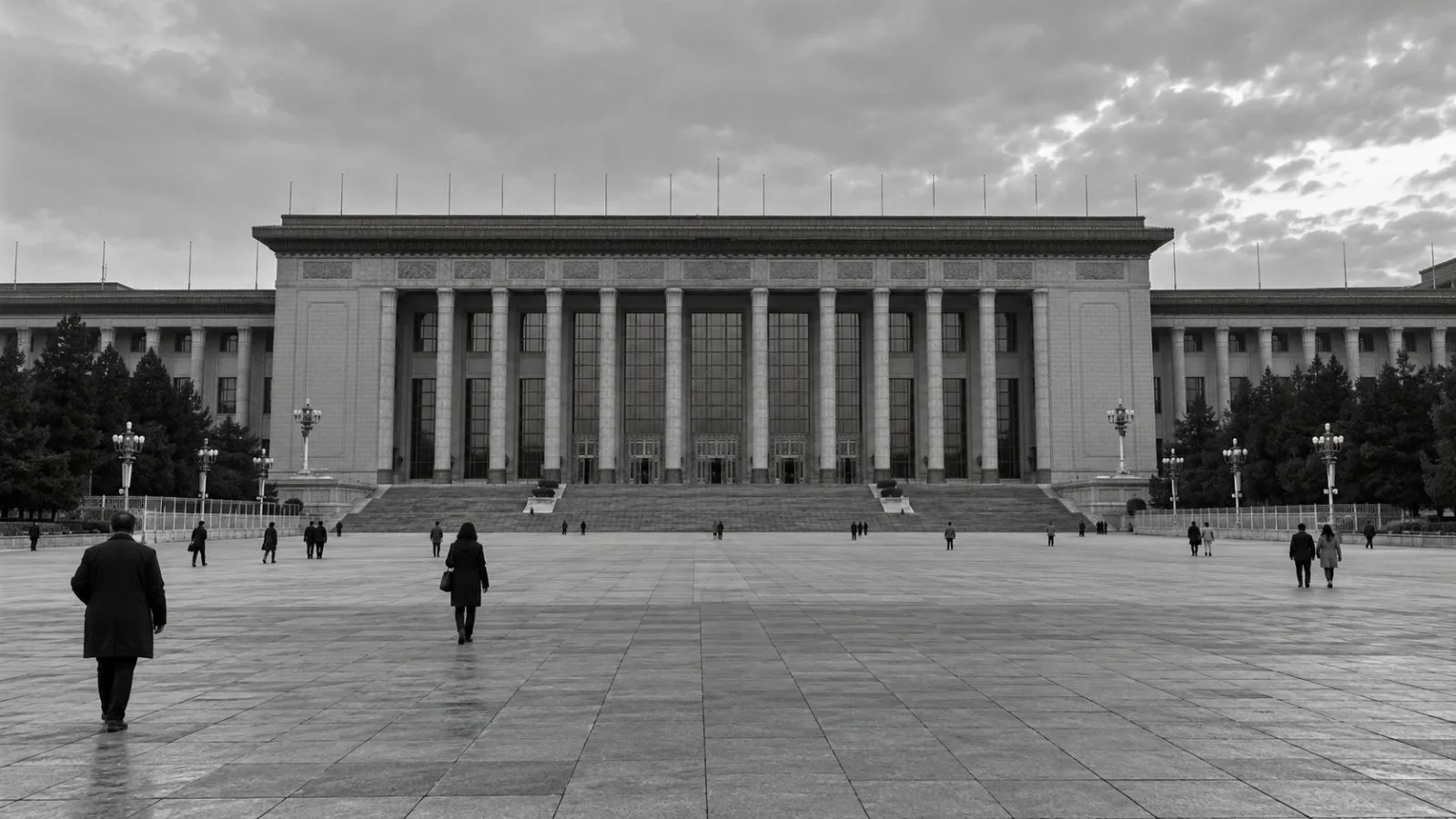 The Great Hall of the People stands in Beijing beneath an overcast afternoon sky. (AI-generated image / EconoTimes)
