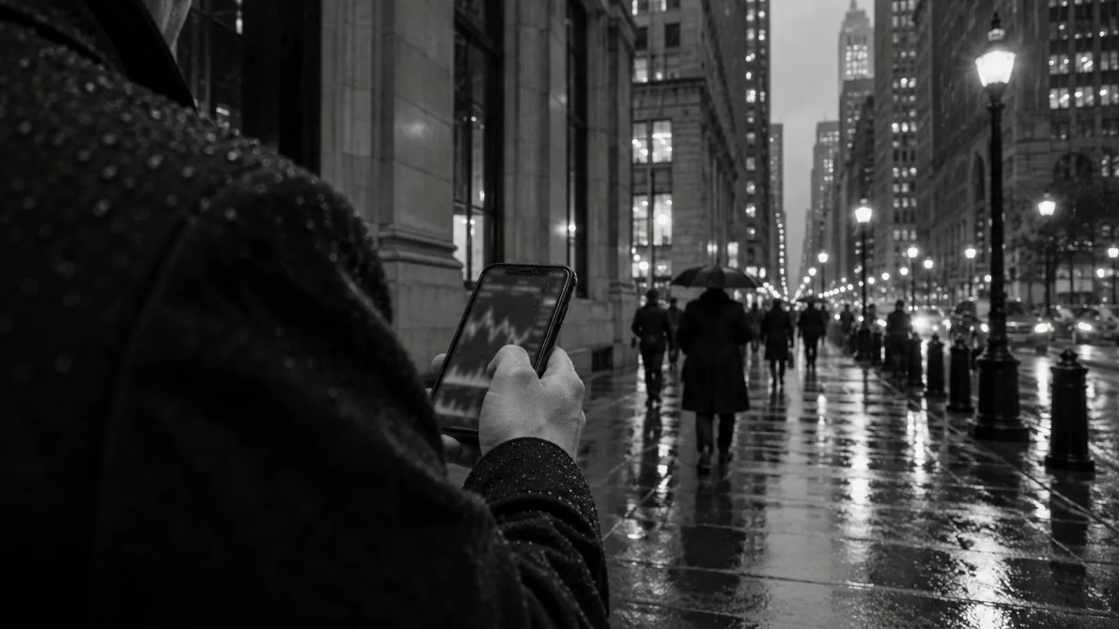 An anonymous passerby checks a smartphone on a Manhattan Financial District sidewalk (AI-generated image / EconoTimes)