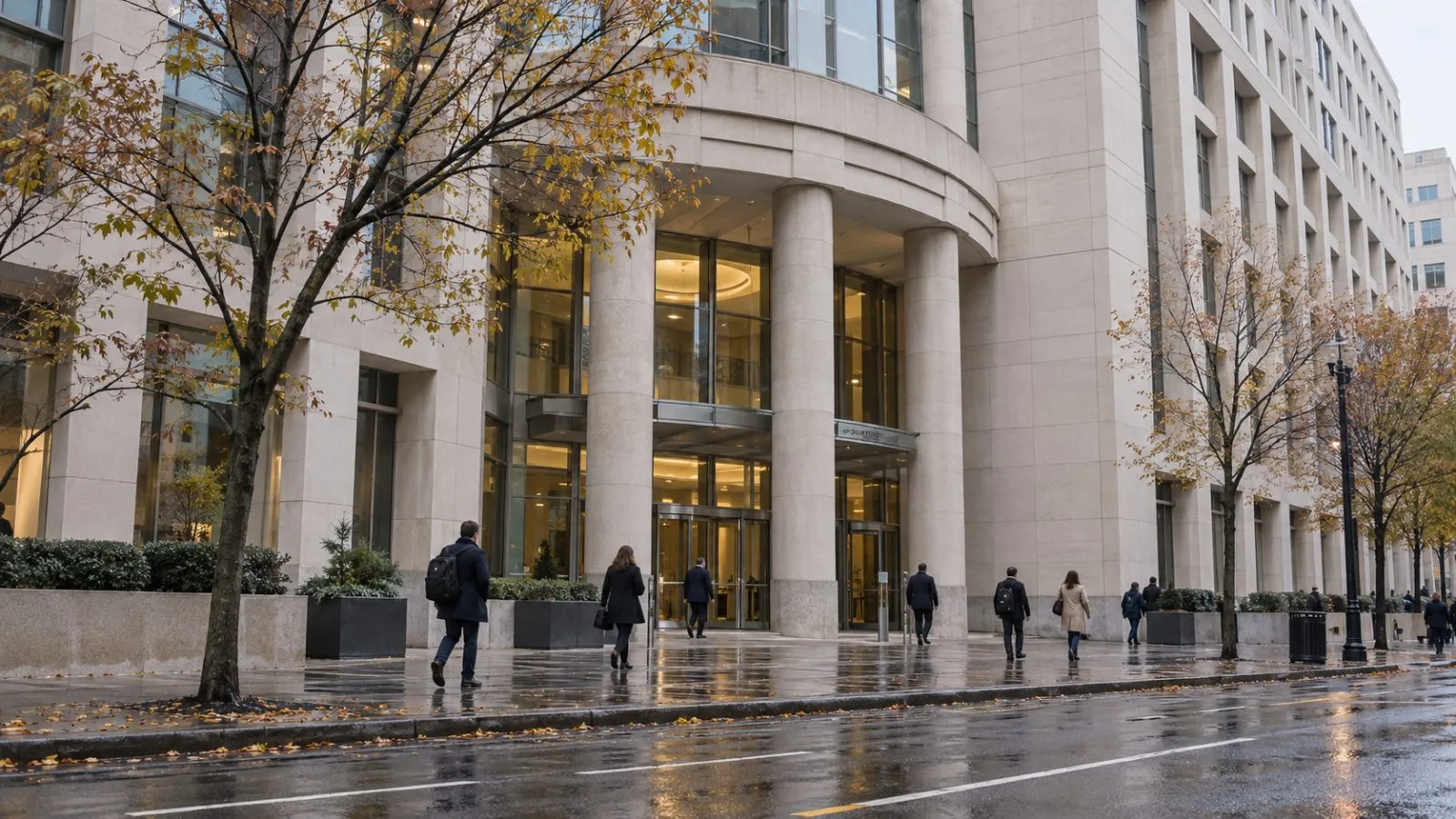 Pedestrians pass the International Monetary Fund headquarters in Washington, D.C., on an overcast morning. (AI-generated image / EconoTimes)