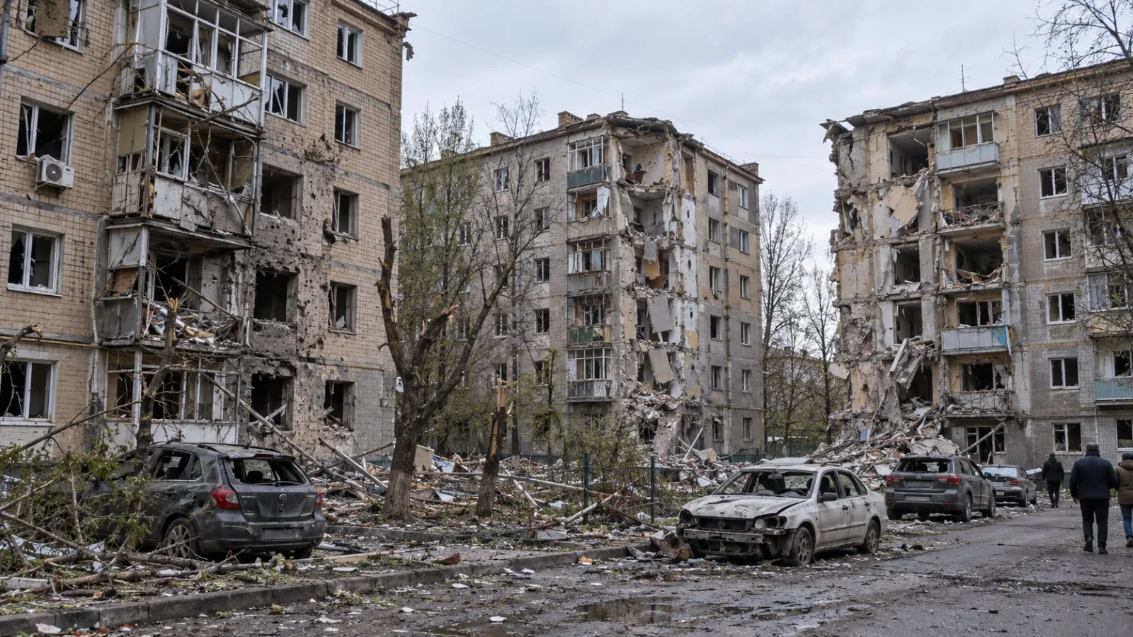 Damaged five-story apartment buildings line a residential street in Synelnykove, Ukraine (AI-generated image / EconoTimes)