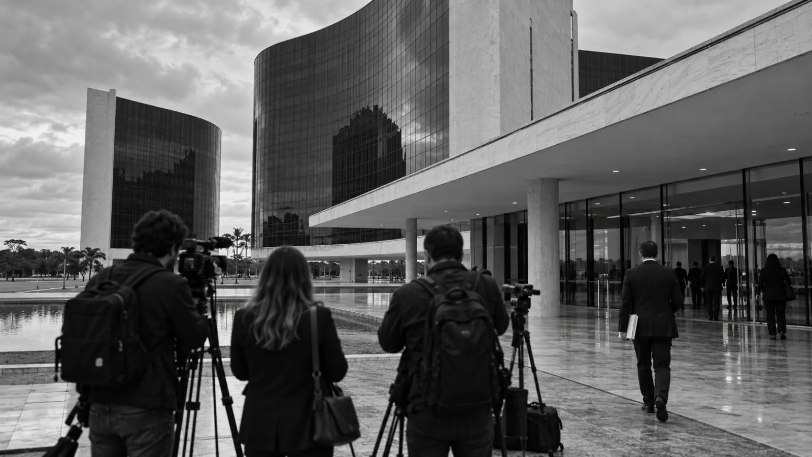 Journalists gather outside Brazil's Superior Electoral Court in Brasília on an overcast afternoon. (AI-generated image / EconoTimes)