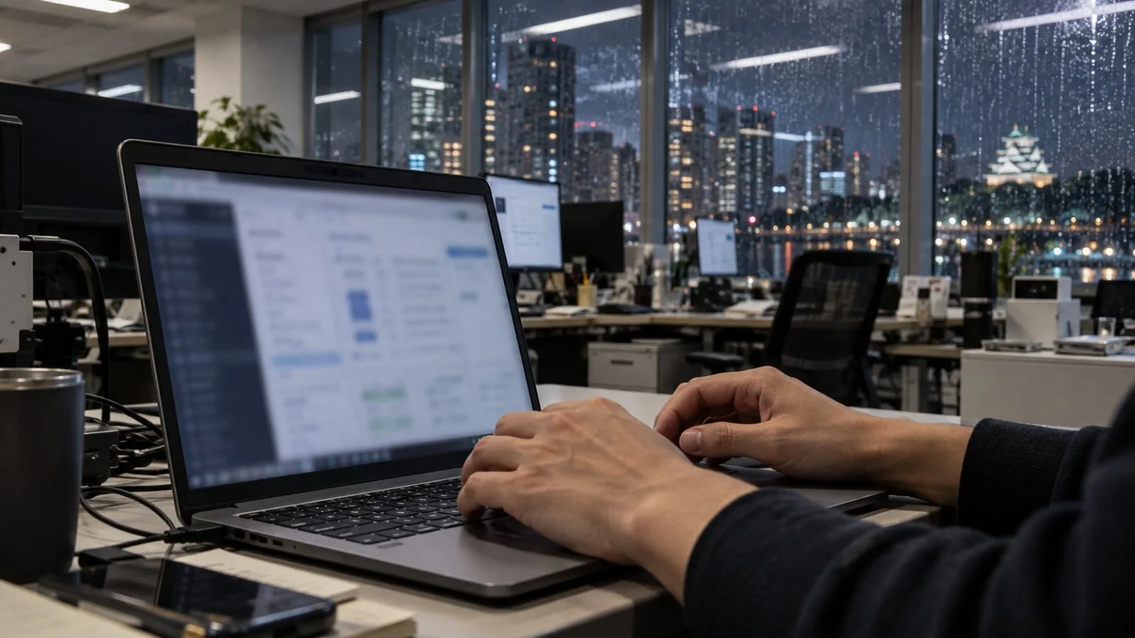 An engineer’s hands hover over a laptop in an Osaka office during evening maintenance. (AI-generated image / EconoTimes)