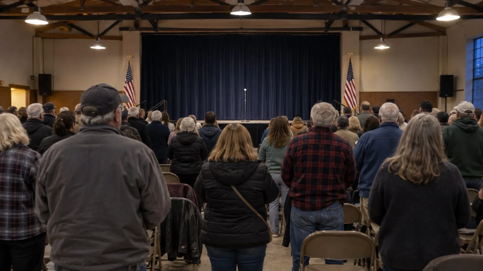 Attendees gather inside a campaign rally venue in Port Huron, Michigan. (AI-generated image / EconoTimes)
