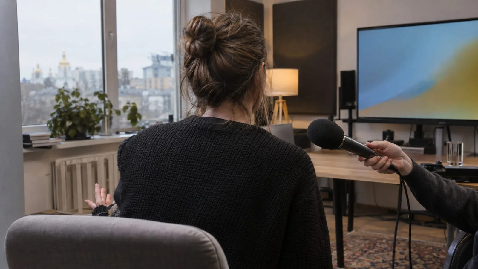 An interviewee speaks into a microphone in a Kyiv broadcast studio, Ukraine (AI-generated image / EconoTimes)