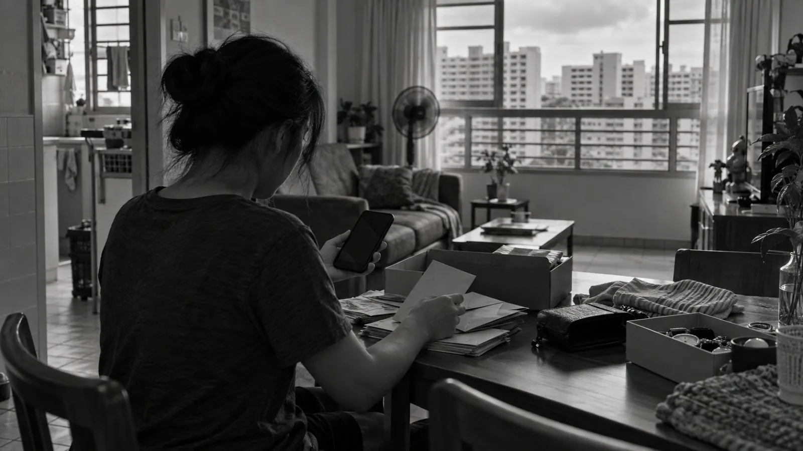 A resident checks a mobile wallet on a phone inside a Singapore apartment. (AI-generated image / EconoTimes)