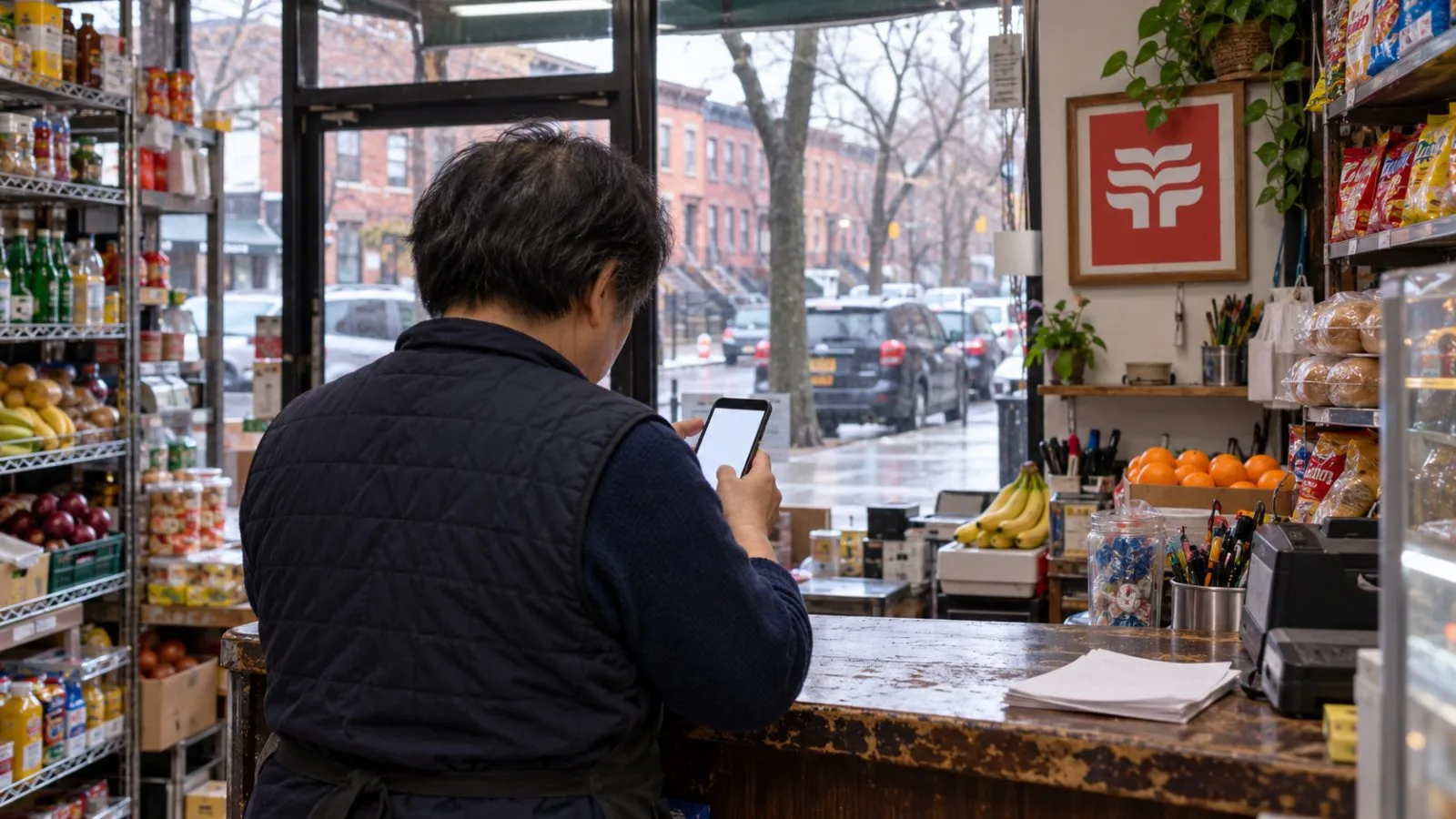 A solo shop owner checks a phone behind the counter in Brooklyn, New York. / EconoTimes.ai