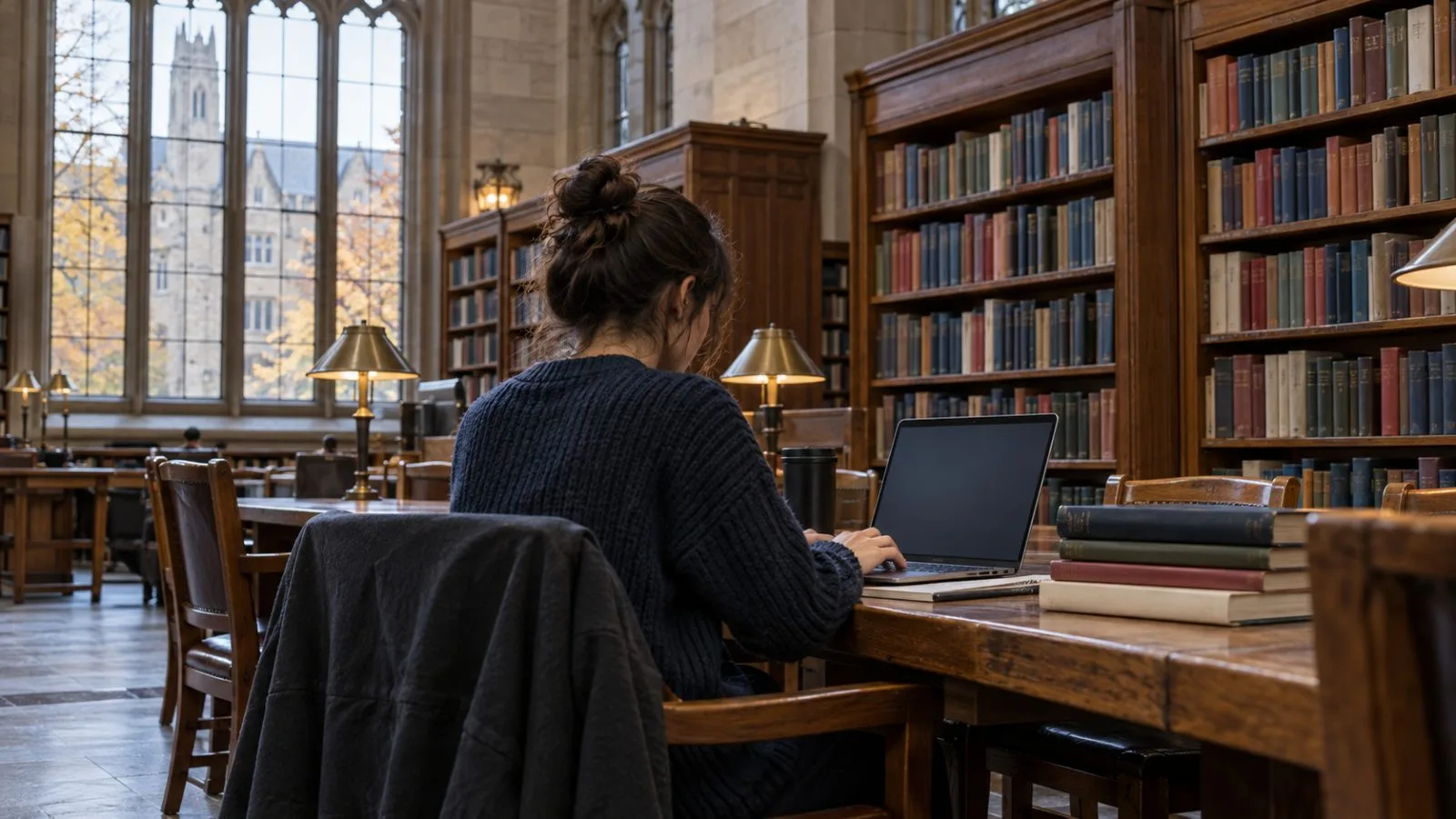 A graduate researcher works at a laptop in a University of Michigan library in Ann Arbor. (AI-generated image / EconoTimes)