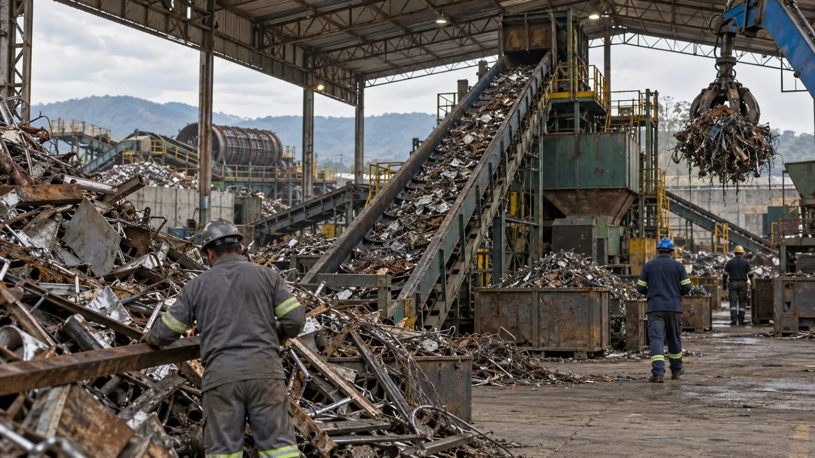 Scrap steel moves through sorting machinery at a recycling facility in Pindamonhangaba, Brazil. (AI-generated image / EconoTimes)