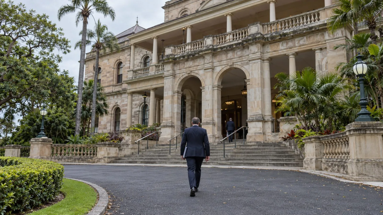 An official approaches Government House in Brisbane ahead of a ministerial swearing-in. (AI-generated image / EconoTimes)