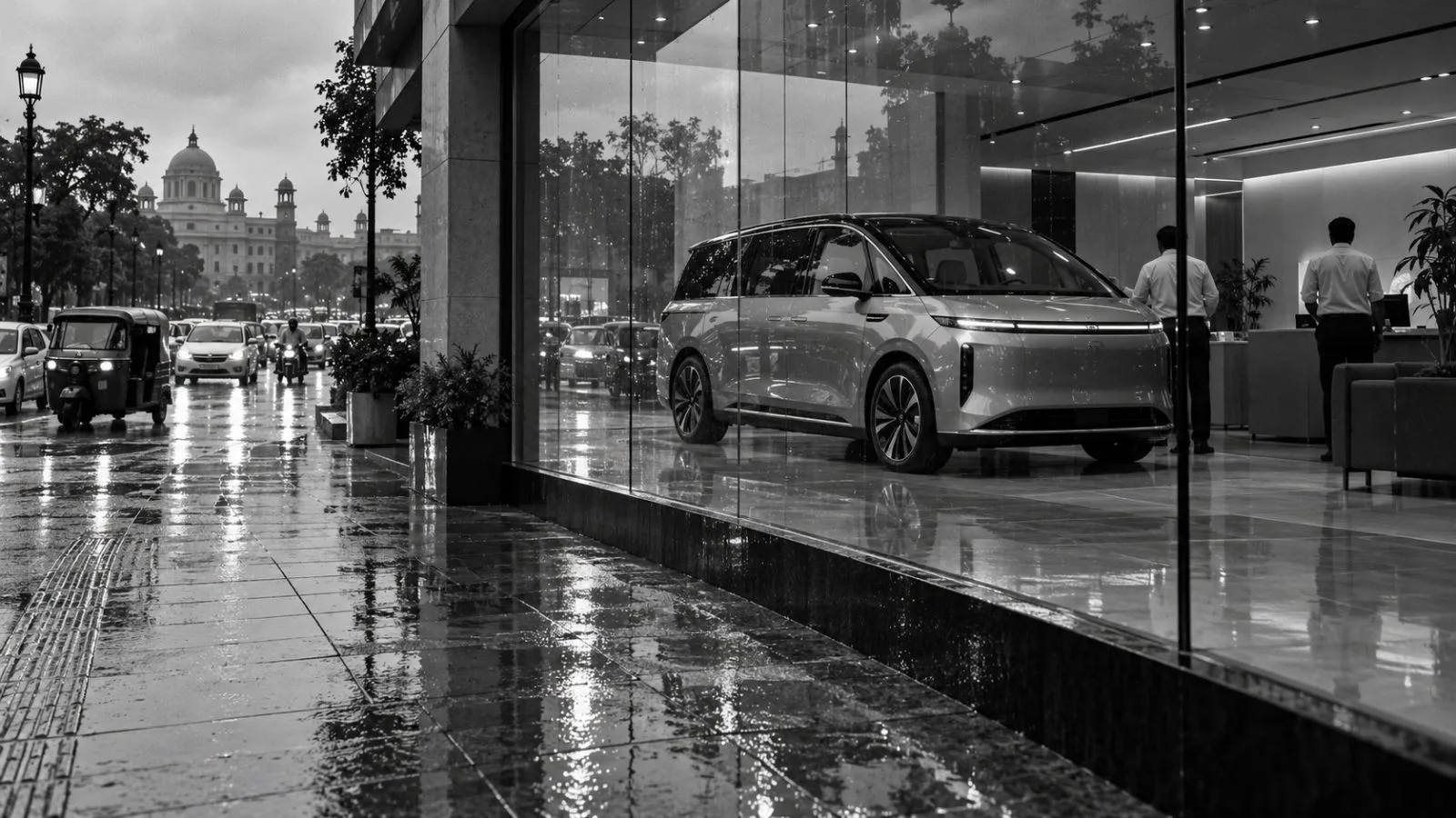 A premium electric MPV sits inside a glass-fronted car showroom in New Delhi, India. (AI-generated image / EconoTimes)