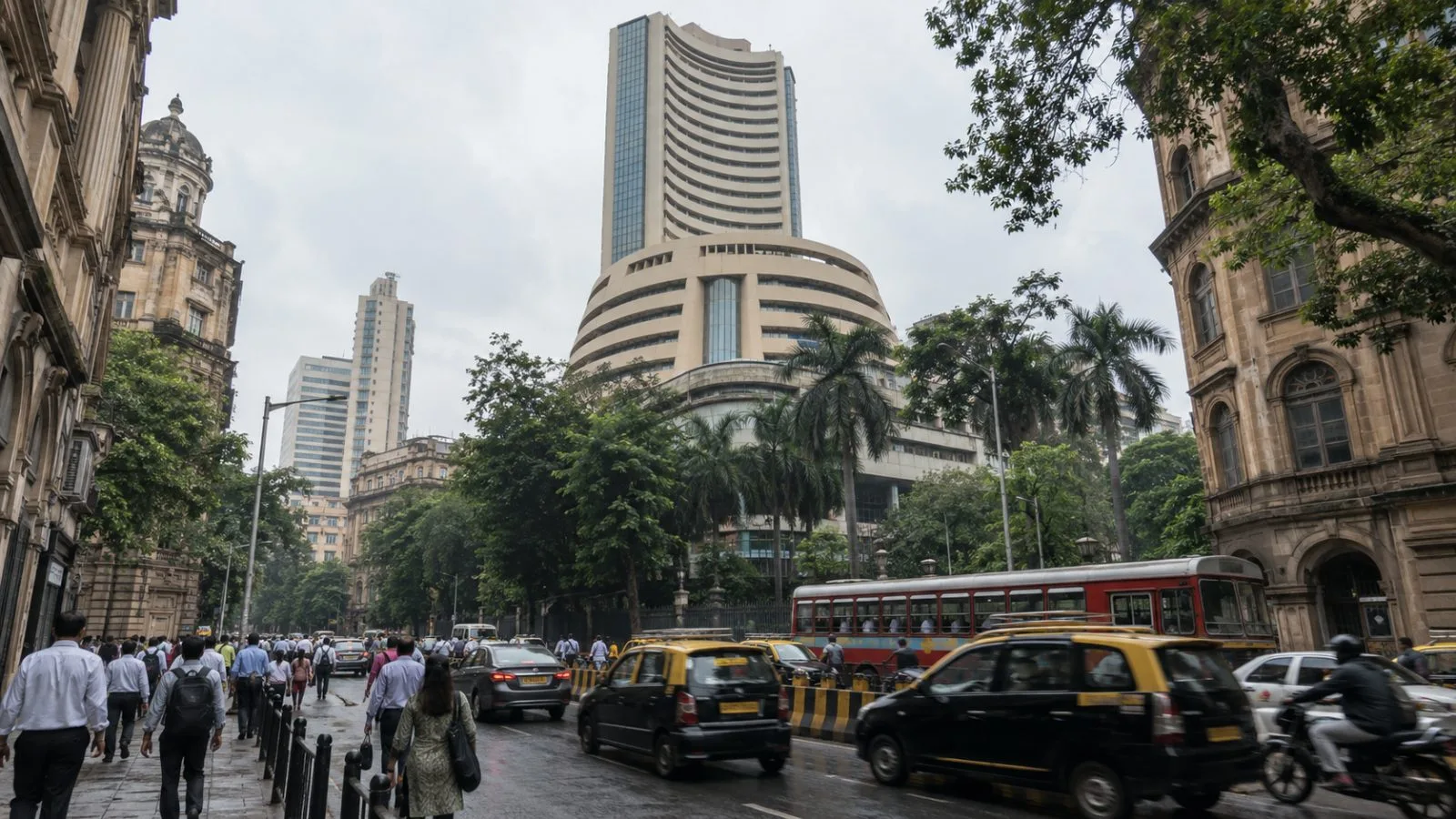 Commuters pass the Bombay Stock Exchange building in Mumbai, India. (AI-generated image / EconoTimes)