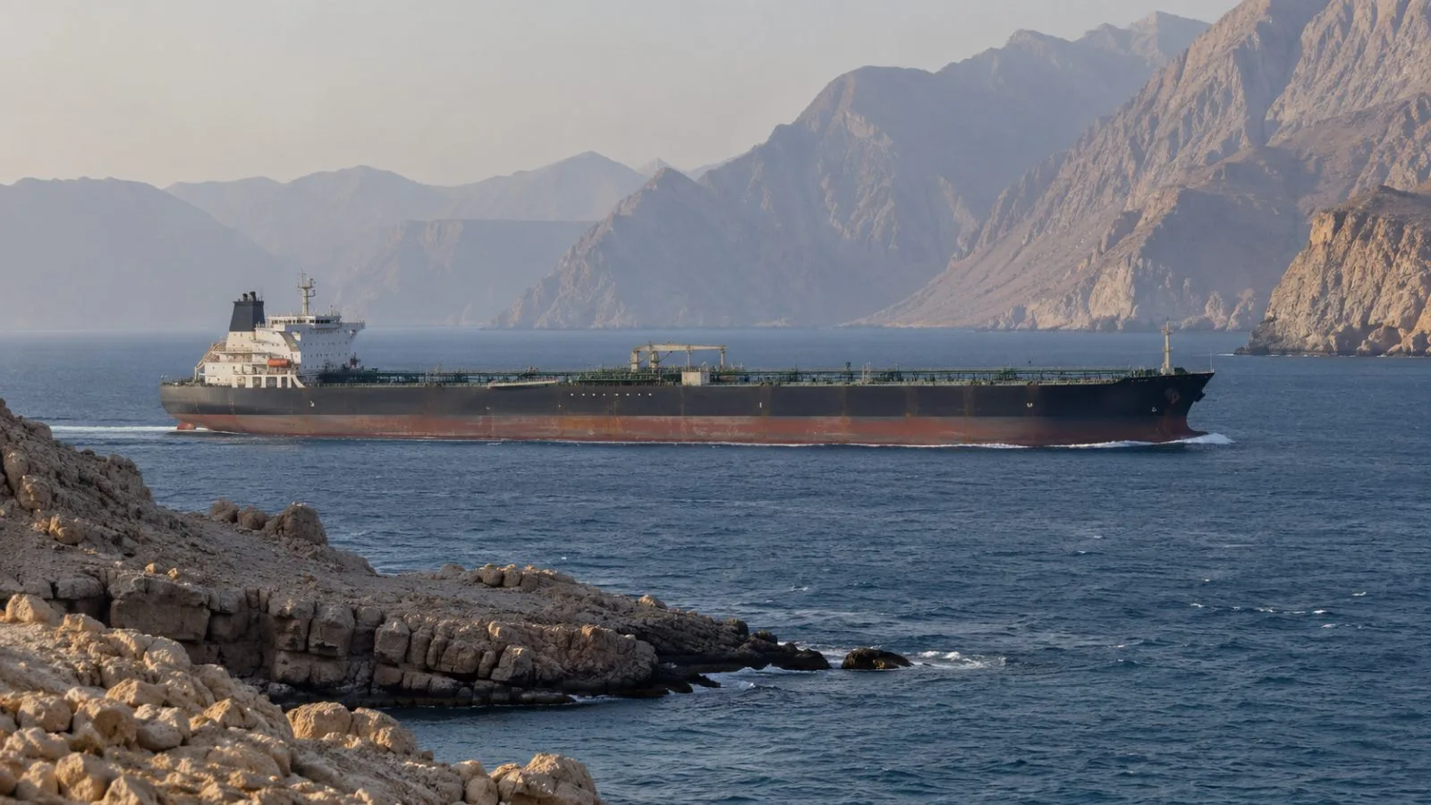 An oil tanker crosses hazy waters off Khasab, Oman, near the Strait of Hormuz. (AI-generated image / EconoTimes)