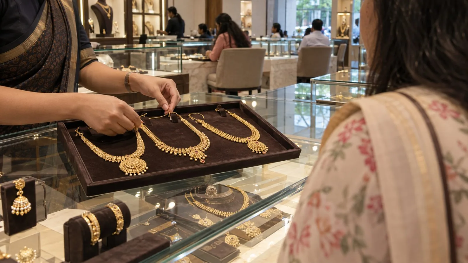 Gold necklaces sit under glass at a jewellery showroom in Mumbai, India. (AI-generated image / EconoTimes)