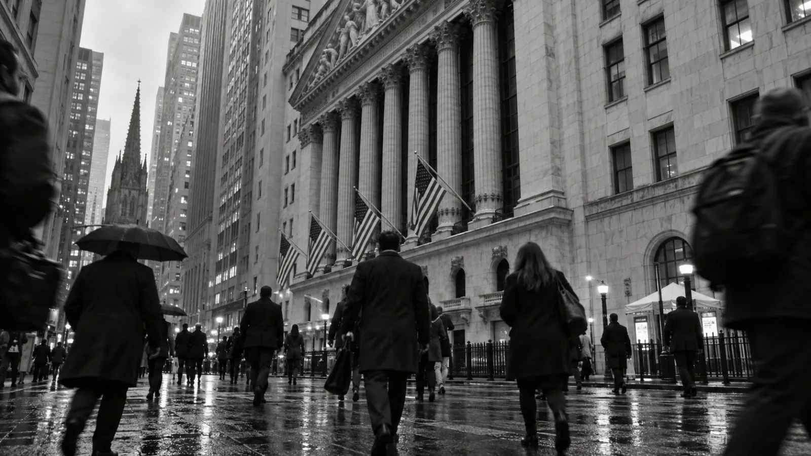Pedestrians cross Broad Street outside the New York Stock Exchange in lower Manhattan. (AI-generated image / EconoTimes)