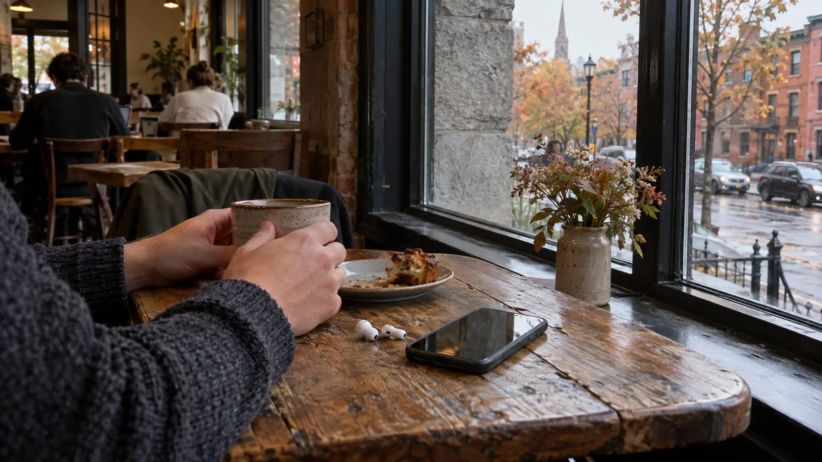 A reader listens to a narrated newsletter on a smartphone at a Boston café. (AI-generated image / EconoTimes)