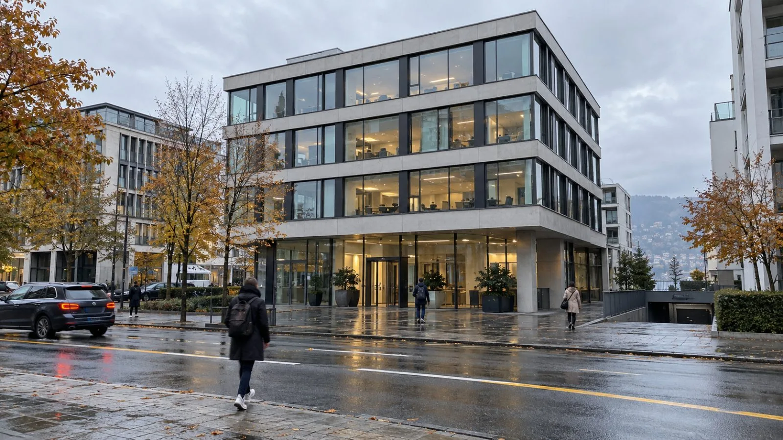Pedestrians pass commercial buildings on Grafenauweg in Zug, Switzerland. (AI-generated image / EconoTimes)