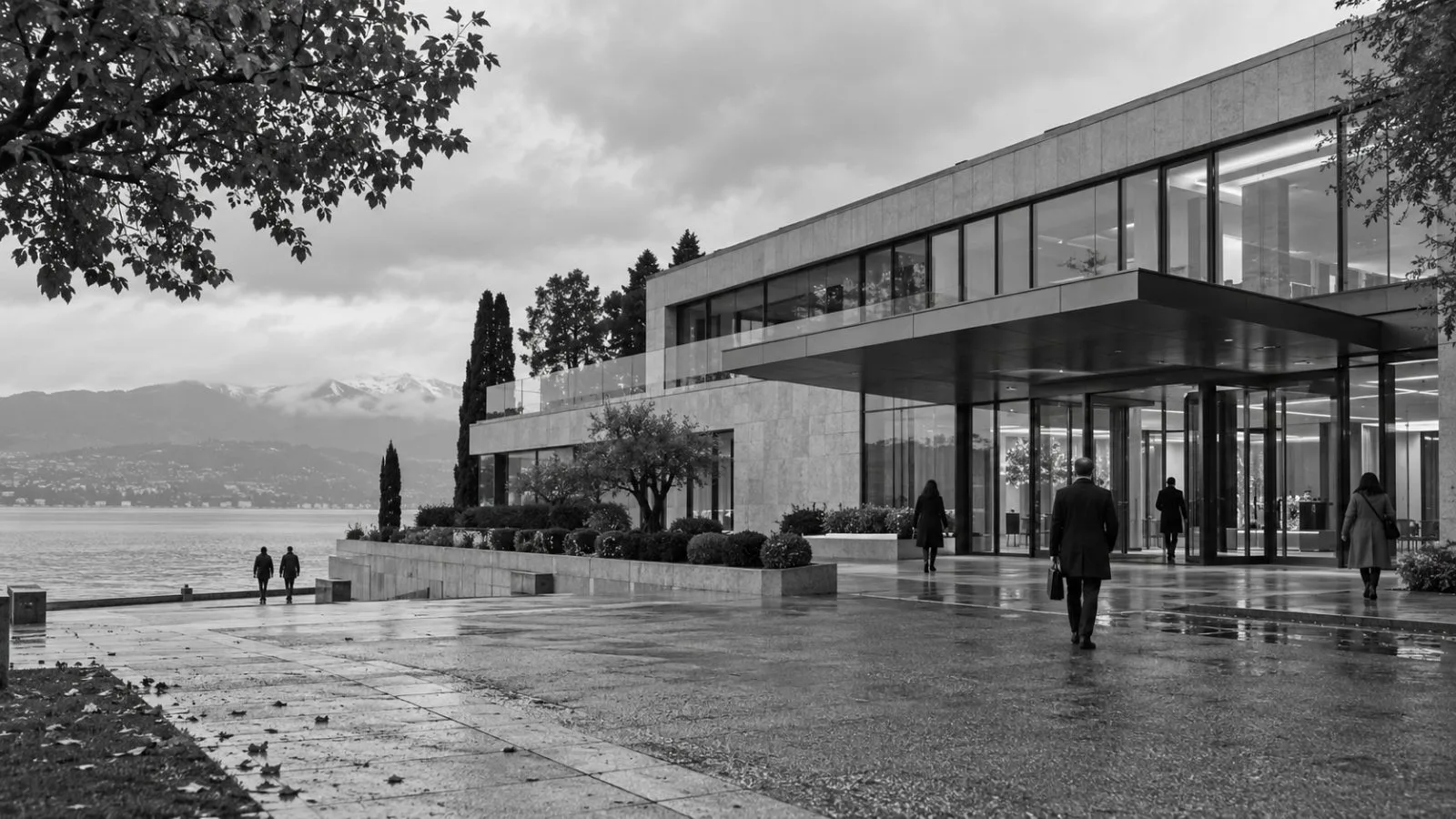 Pedestrians pass the Lombard Odier headquarters in Bellevue, outside Geneva, Switzerland. (AI-generated image / EconoTimes)