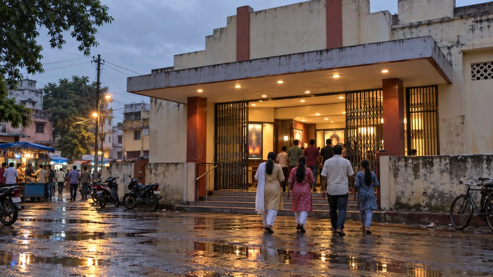 Moviegoers enter a neighborhood cinema in Muzaffarpur, Bihar, at dusk. / EconoTimes.ai