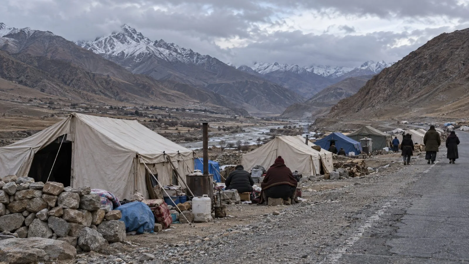 Residents shelter beside a road in tents after an earthquake in Baqing county, Tibet (AI-generated image / EconoTimes)