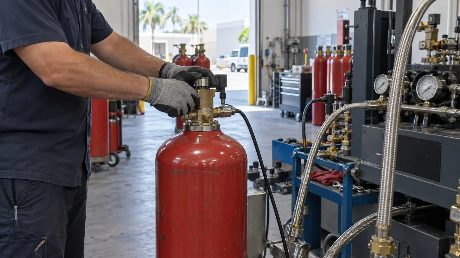 Clean-agent fire suppression cylinders stand inside a commercial facility in Miami, Florida. (AI-generated image / EconoTimes)