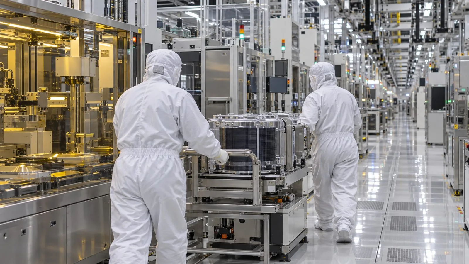 Workers move wafer carriers inside a semiconductor cleanroom in Icheon, South Korea (AI-generated image / EconoTimes)