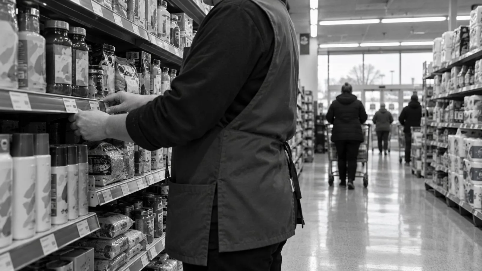 A worker checks shelf labels in a Rochester, New York discount store. / EconoTimes.ai