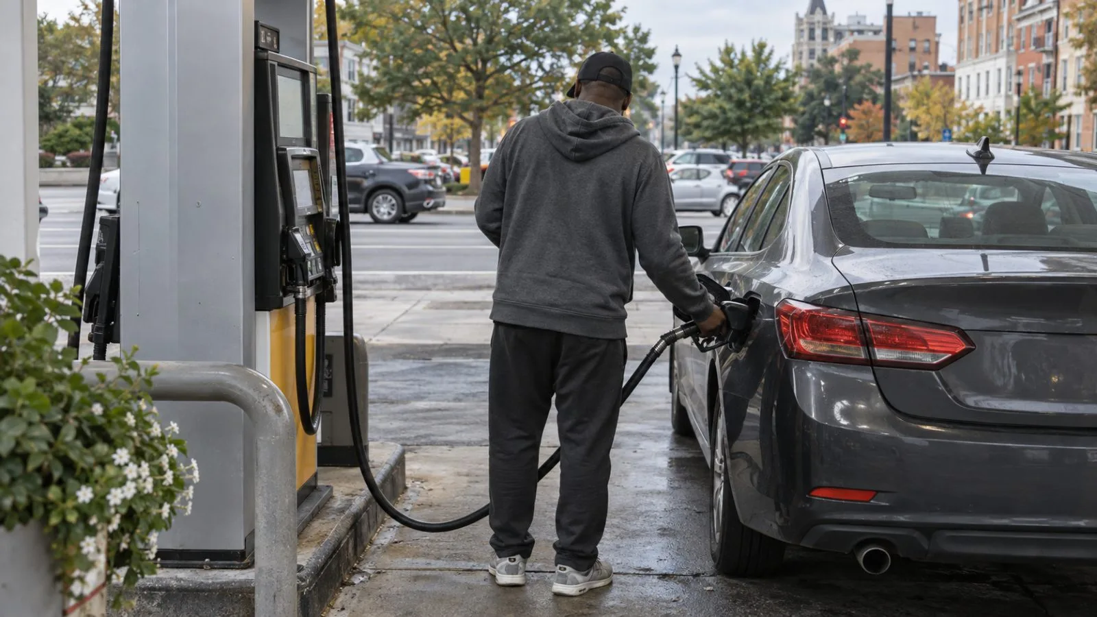 A motorist fills a car at a neighborhood service station in Washington, D.C. (AI-generated image / EconoTimes)