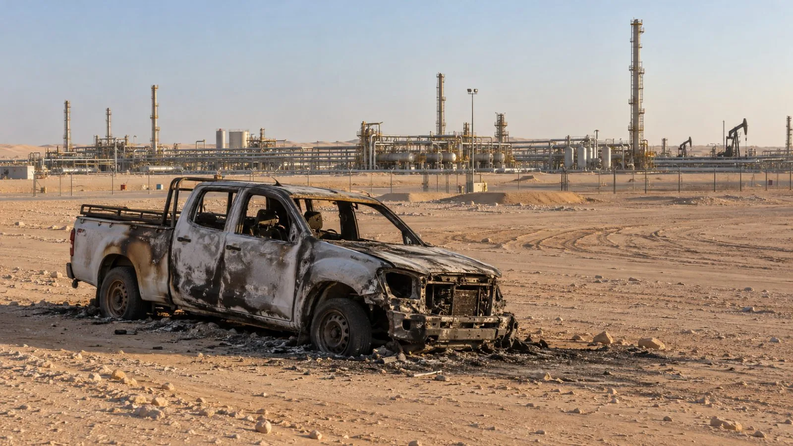 A fire-damaged contractor vehicle sits beyond the Shaybah oil field perimeter in Saudi Arabia (AI-generated image / EconoTimes)