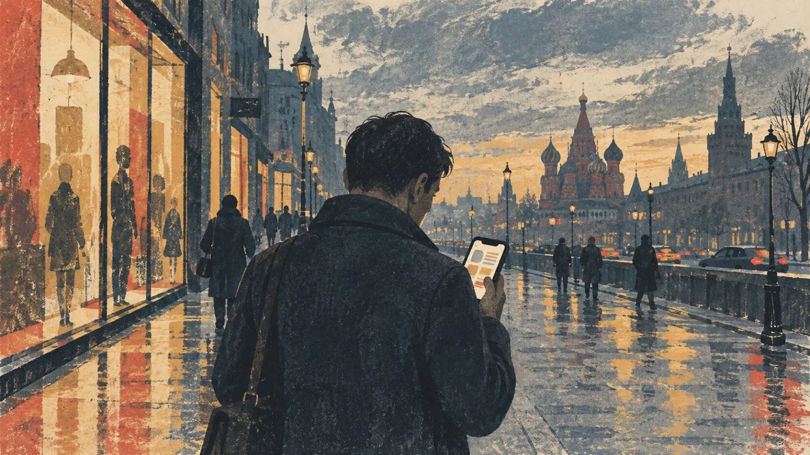 A commuter checks a smartphone on a Moscow street in Russia (AI-generated image / EconoTimes)