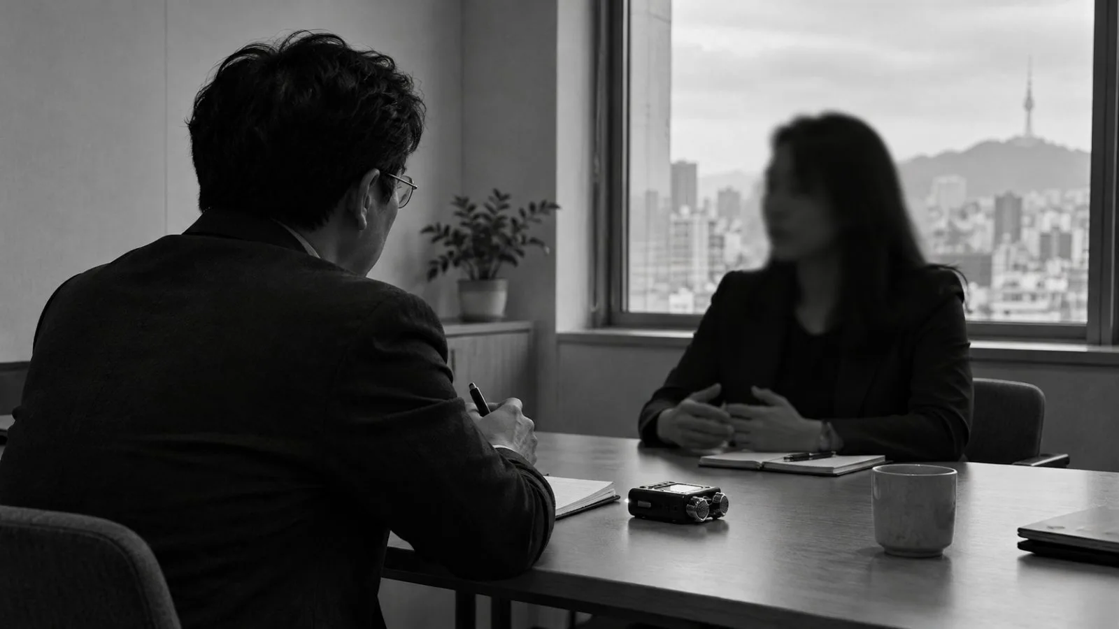 A recorder sits between two participants during an interview in Seoul, South Korea. (AI-generated image / EconoTimes)