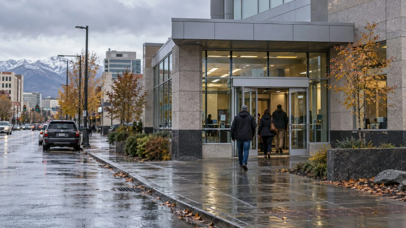 A bank branch sits along a downtown street in Anchorage, Alaska, on an overcast day. (AI-generated image / EconoTimes)