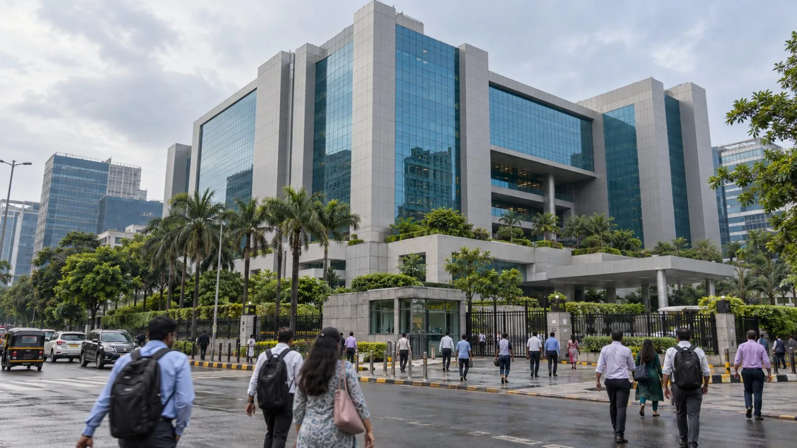 Pedestrians pass Exchange Plaza in Mumbai’s Bandra Kurla Complex on an overcast afternoon. (AI-generated image / EconoTimes)