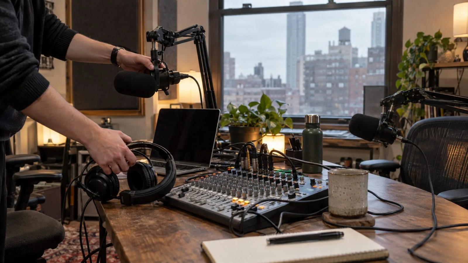 A producer adjusts a podcast microphone in a recording studio in New York City. (AI-generated image / EconoTimes)
