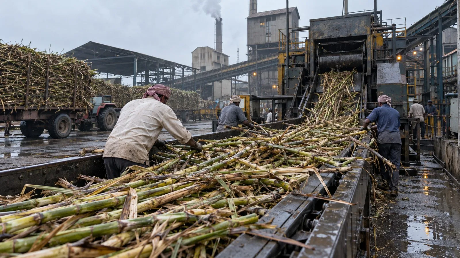Workers guide freshly cut sugarcane onto a mill conveyor near Kolhapur, Maharashtra, India. (AI-generated image / EconoTimes)