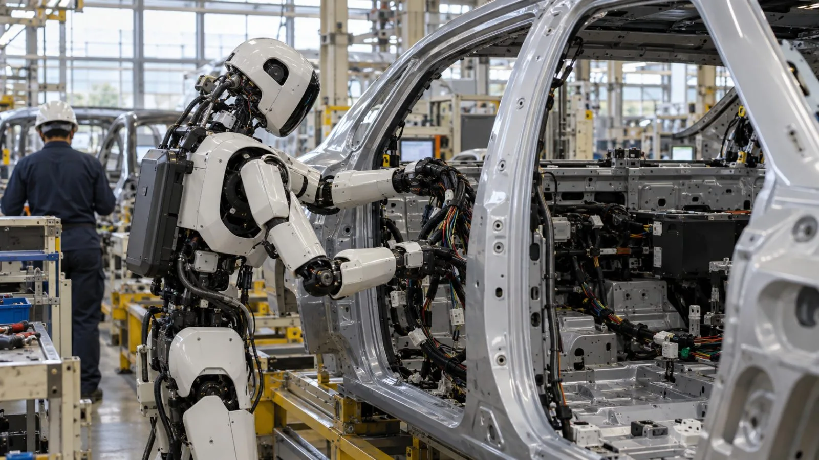 A humanoid robot fits wiring inside an unfinished vehicle at a factory in Toyota City, Japan. (AI-generated image / EconoTimes)