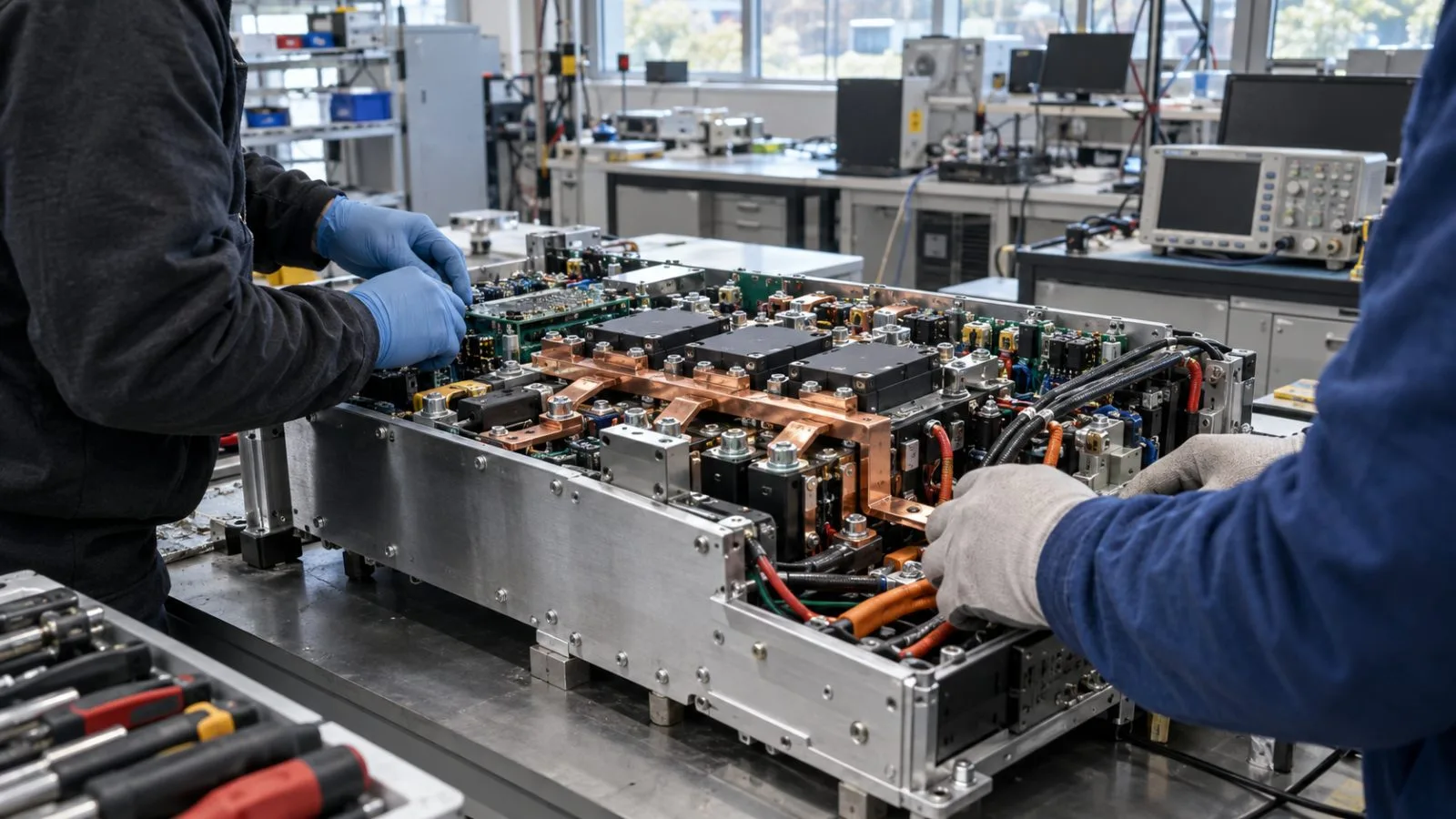 Technicians inspect a solid-state transformer prototype in a Fremont, California laboratory. (AI-generated image / EconoTimes)