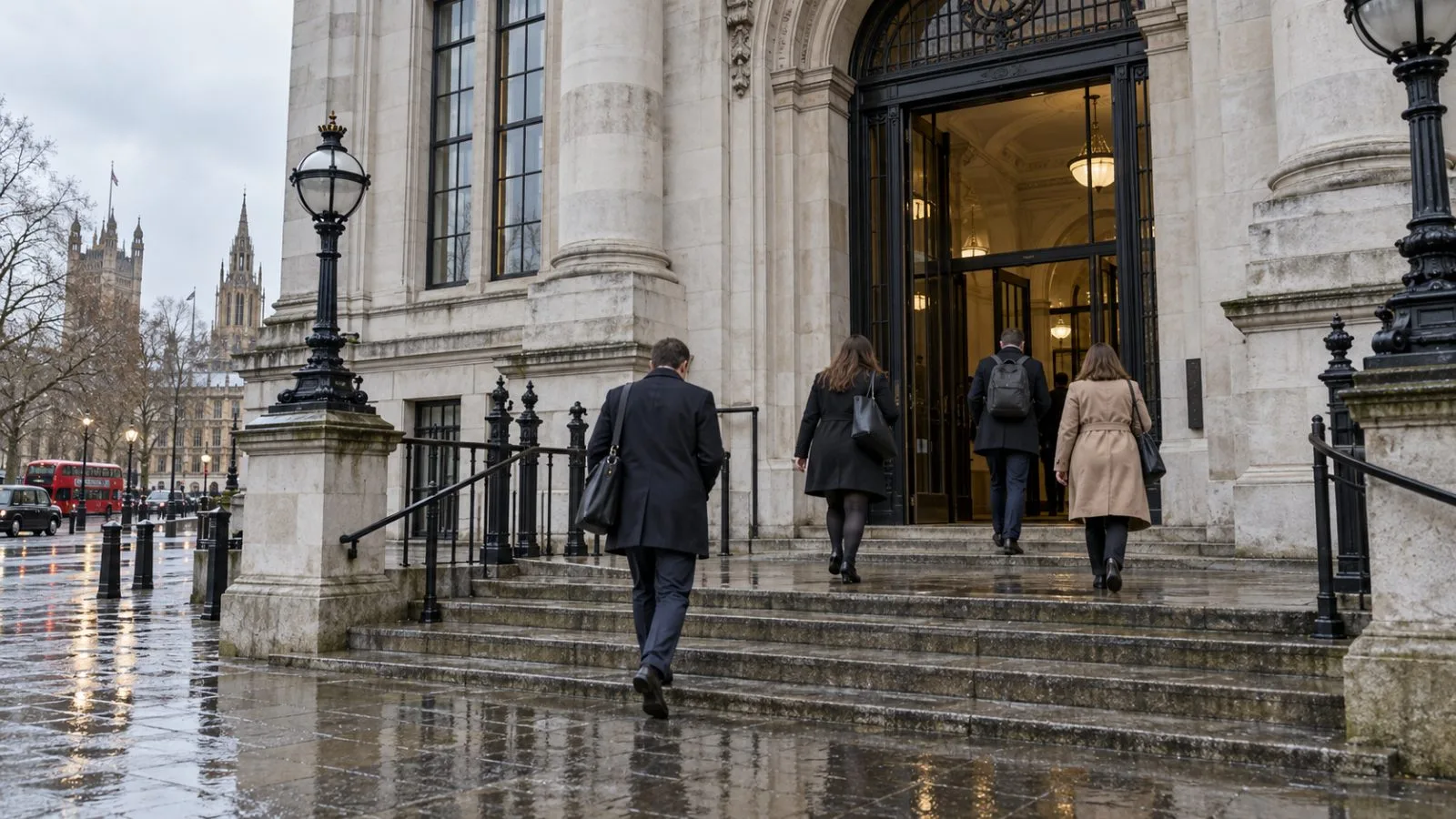 Visitors enter an employment tribunal building in London on an overcast morning. (AI-generated image / EconoTimes)