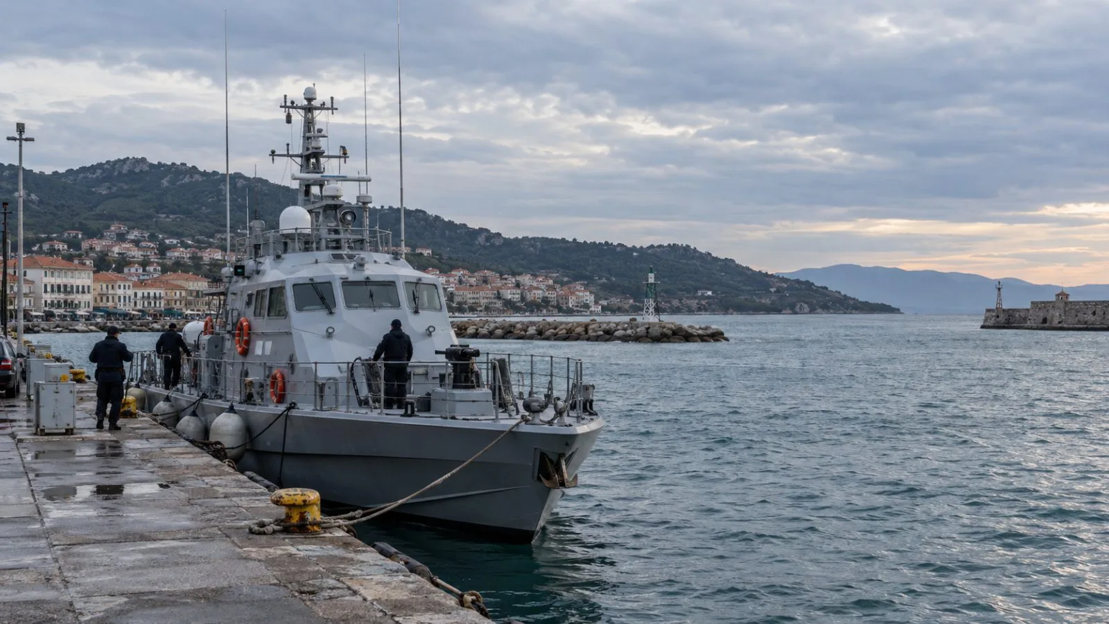 A patrol vessel sits at the quay in Mytilene harbor on Greece's Lesbos island. (AI-generated image / EconoTimes)