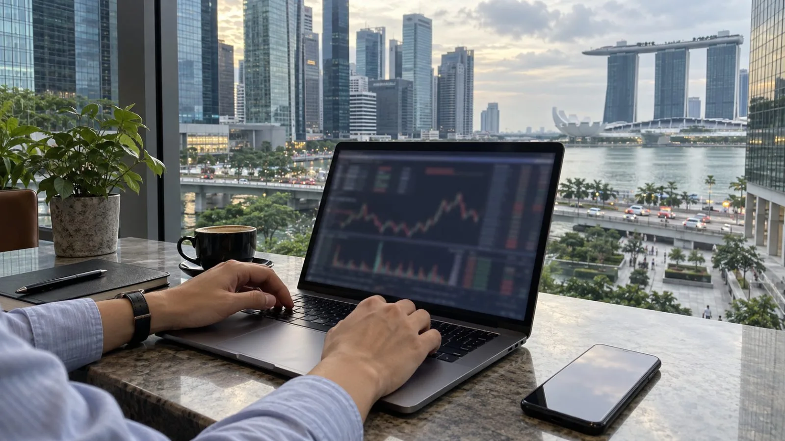 Hands review a derivatives market on a laptop in Singapore’s financial district. (AI-generated image / EconoTimes)