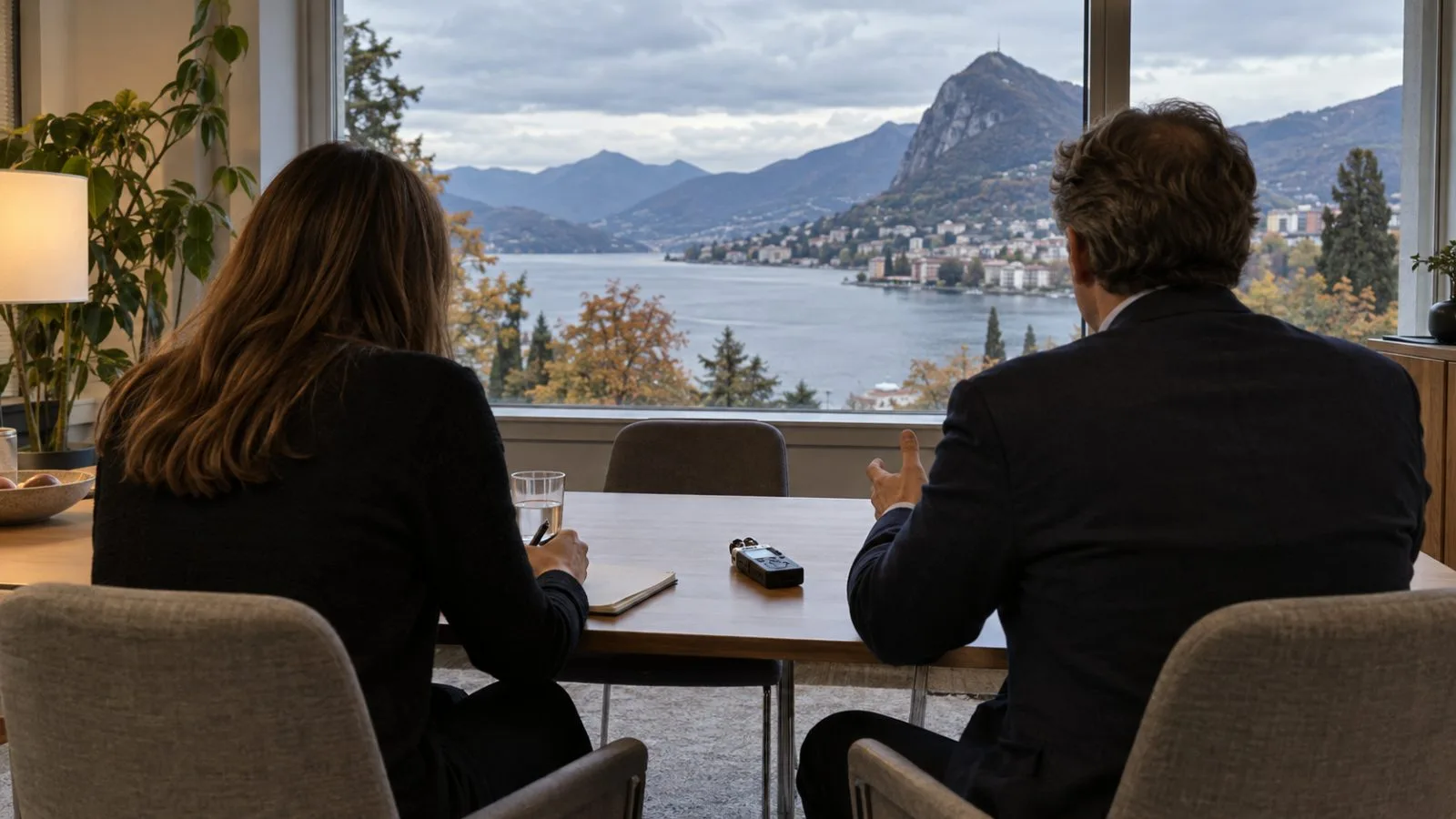 An interview recorder rests between two anonymous figures in a meeting room in Lugano, Switzerland. (AI-generated image / EconoTimes)