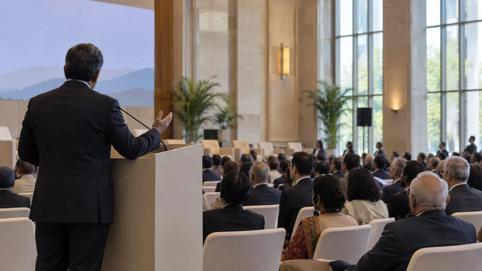 A speaker addresses delegates at the NDTV World Summit in New Delhi, India. (AI-generated image / EconoTimes)