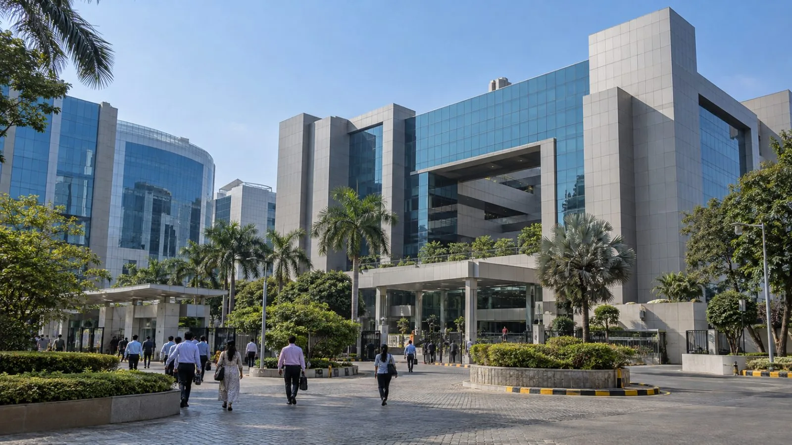 Office workers cross the National Stock Exchange campus in Mumbai’s Bandra Kurla Complex. (AI-generated image / EconoTimes)