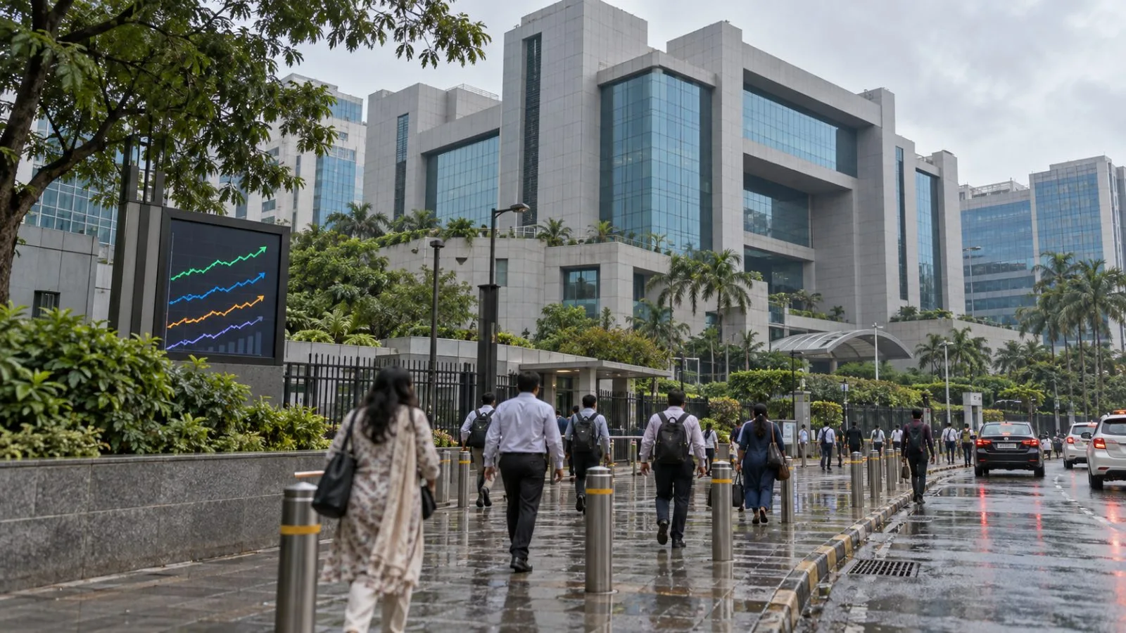 Commuters pass an office building in Mumbai’s Bandra Kurla Complex, India’s financial district. (AI-generated image / EconoTimes)
