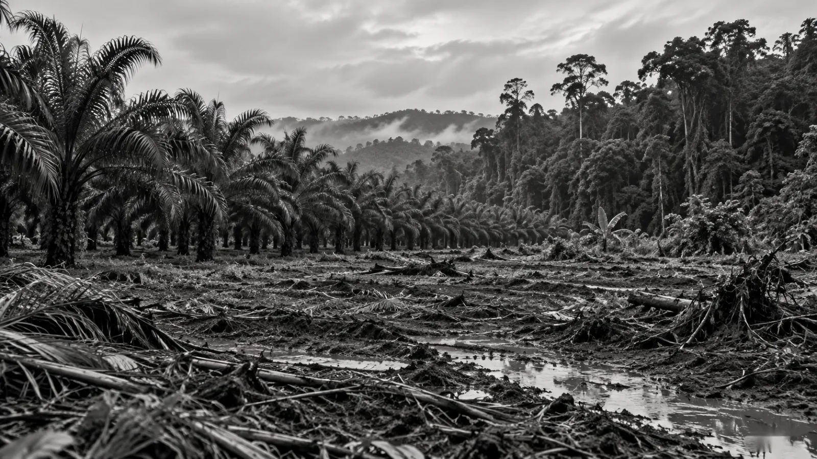 Oil-palm rows meet a forest edge at an estate in Central Kalimantan, Indonesia. (AI-generated image / EconoTimes)