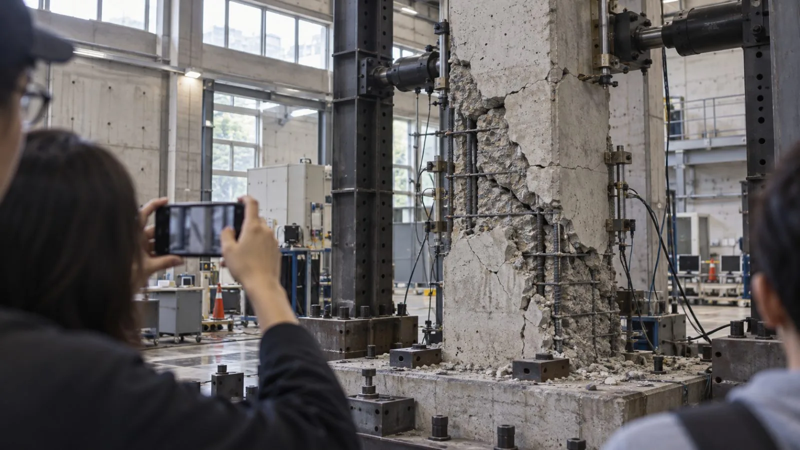 A hand photographs a cracked concrete column at an earthquake engineering laboratory in Taipei (AI-generated image / EconoTimes)
