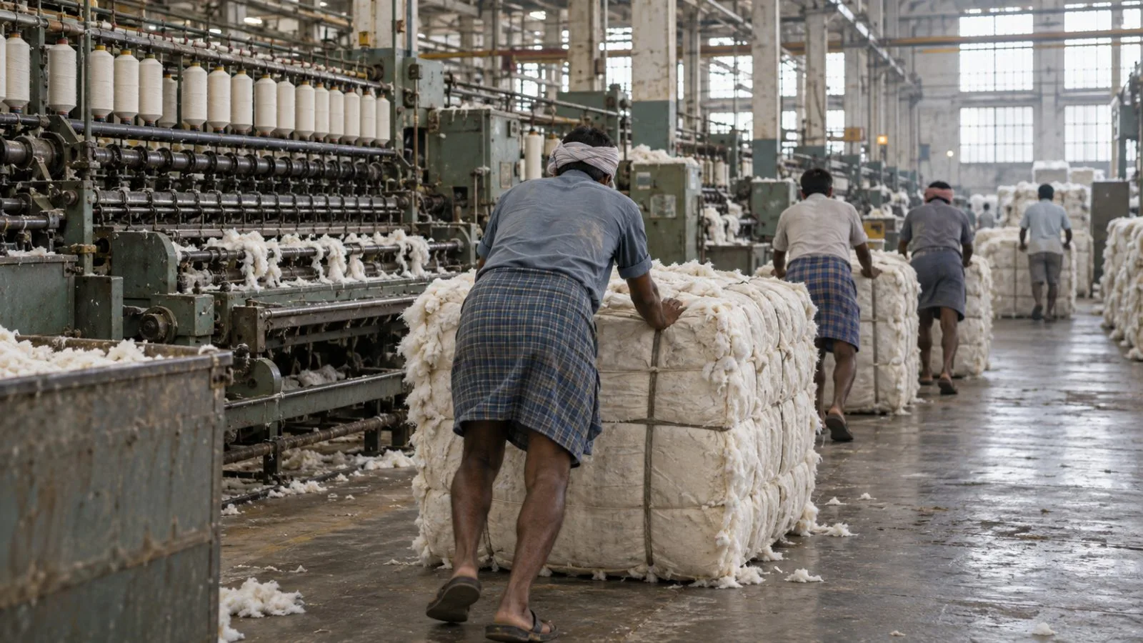 Workers move raw cotton bales across the floor of a textile mill in Coimbatore, India (AI-generated image / EconoTimes)