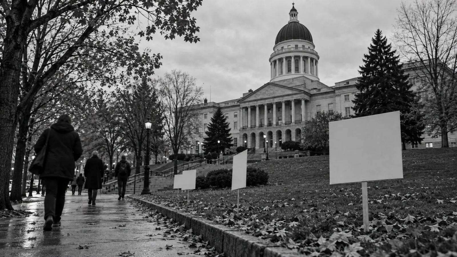 Campaign signs stand outside the Maine State House in Augusta, Maine. (AI-generated image / EconoTimes)